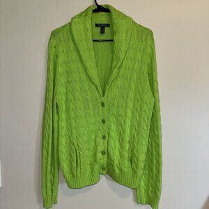 Lauren Ralph Lauren Lime Green Knit Cardigan Sweater Size XL 100% Cotton